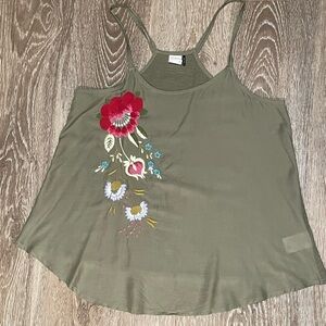Embroidered Floral Olive Green Anthropologie Top Size S